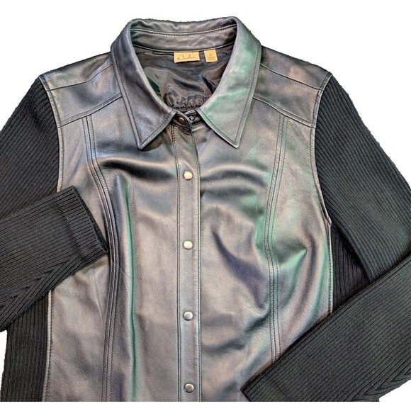 Caslon Womens Genuine Leather Jacket Black Wool Knit Sweater Sleeves 2X Read - Picture 1 of 6